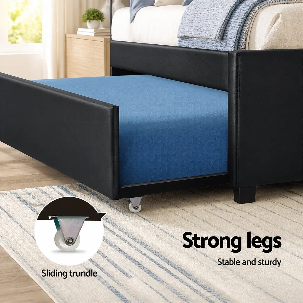 Trundle Bed Frame King Single Size Black PVC Leather Pull-Out Guest Bed