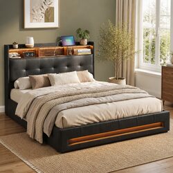 Double Bed Frame with Gas Lift Storage LED Lights Charging Station Headboard