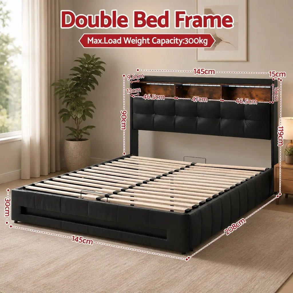 Double Bed Frame Gas Lift Storage Black 145W x 208L x 119H cm