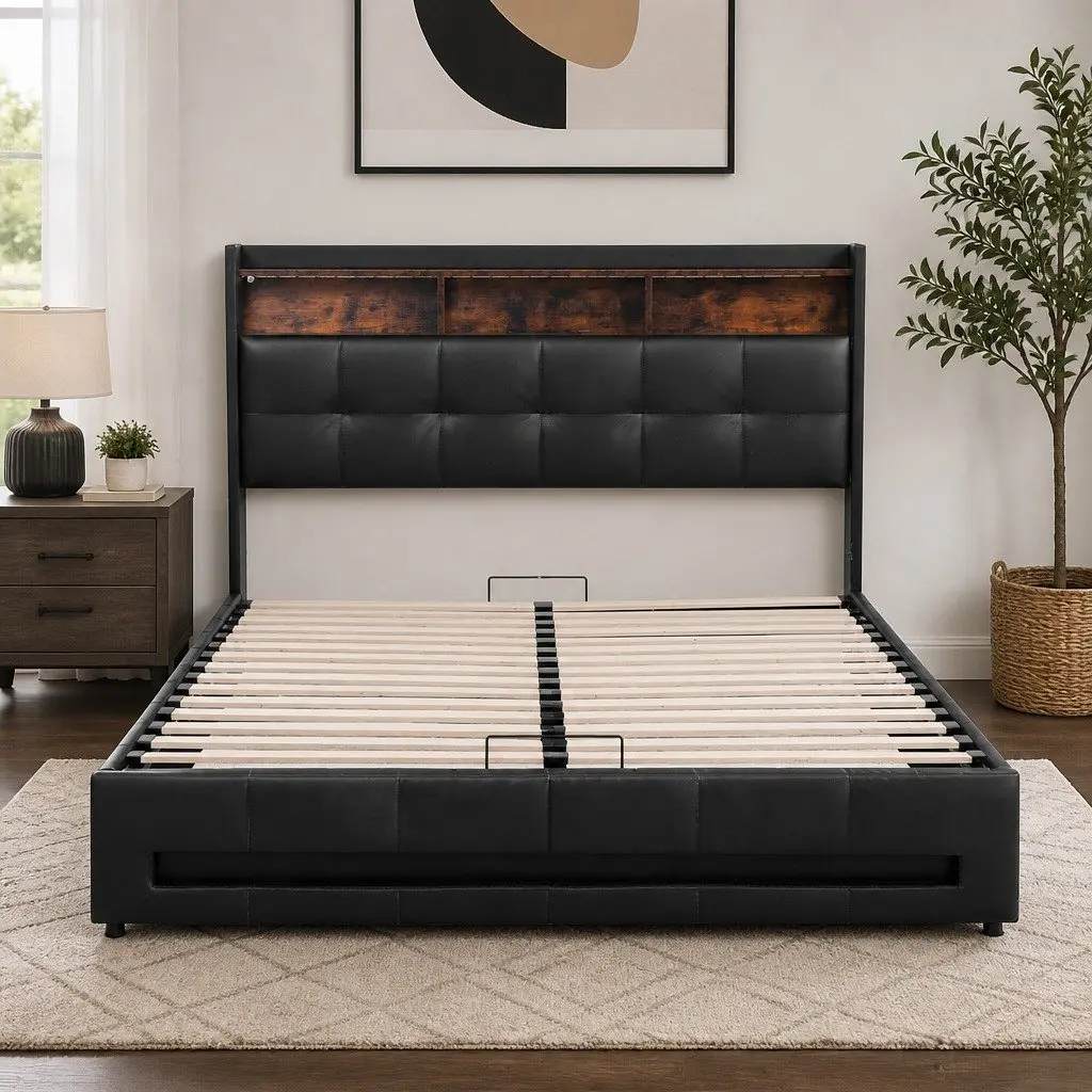 Double Bed Frame Gas Lift Storage Black 145W x 208L x 119H cm