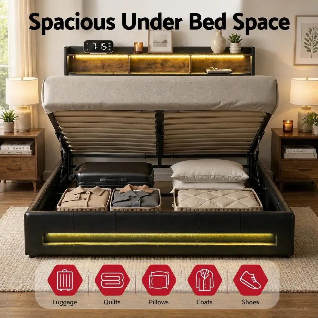 Double Bed Frame Gas Lift Storage Black 145W x 208L x 119H cm