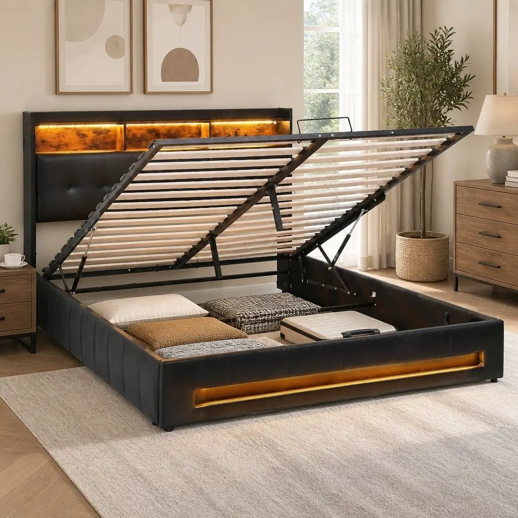 Double Bed Frame Gas Lift Storage Black 145W x 208L x 119H cm