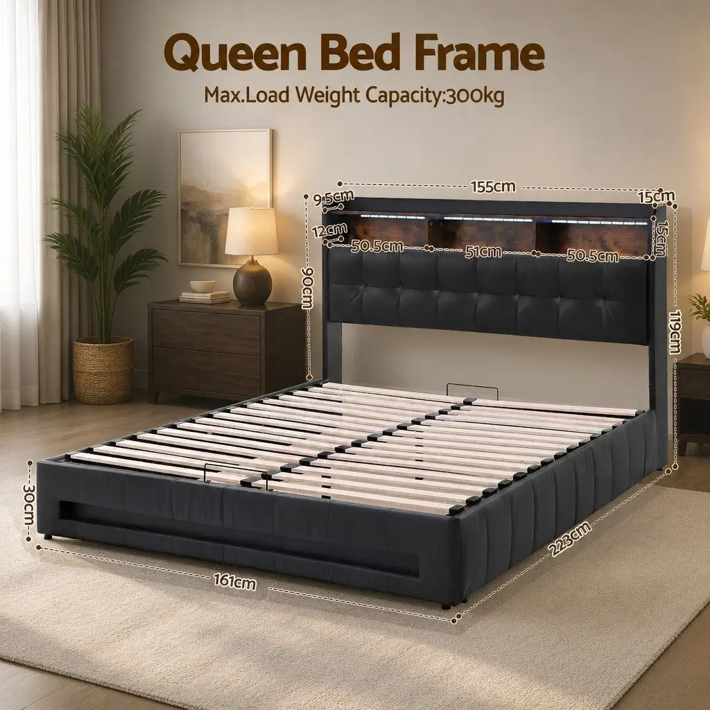 Queen Bed Frame Gas Lift Storage Charging Station LED Lights Black