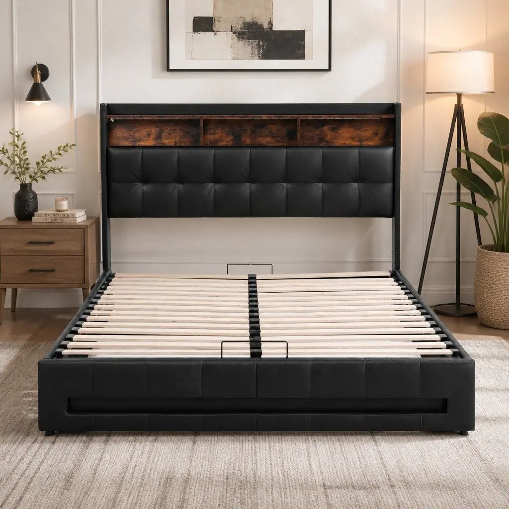 Queen Bed Frame Gas Lift Storage Charging Station LED Lights Black