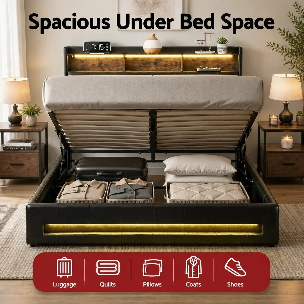 Queen Bed Frame Gas Lift Storage Charging Station LED Lights Black