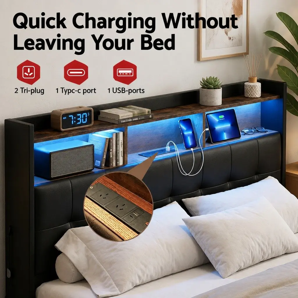 Queen Bed Frame Gas Lift Storage Charging Station LED Lights Black