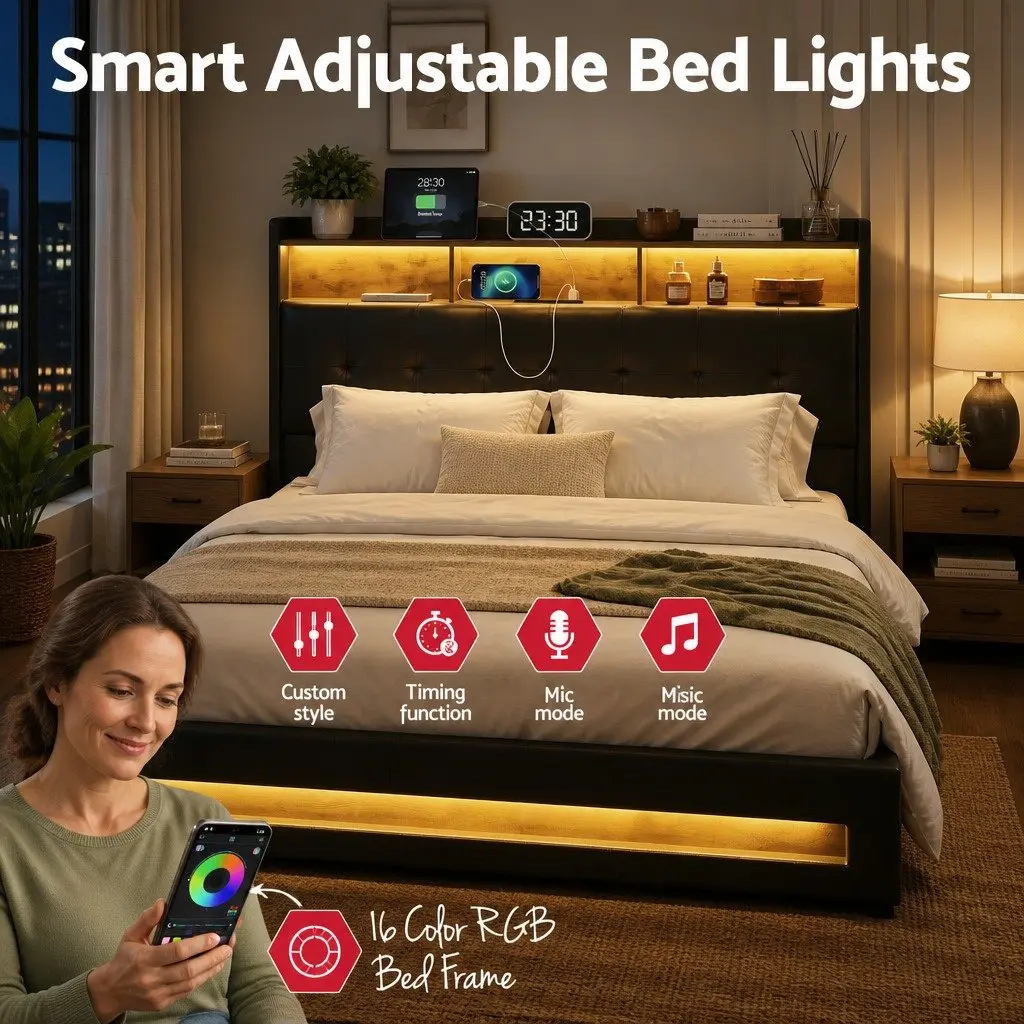 Queen Bed Frame Gas Lift Storage Charging Station LED Lights Black