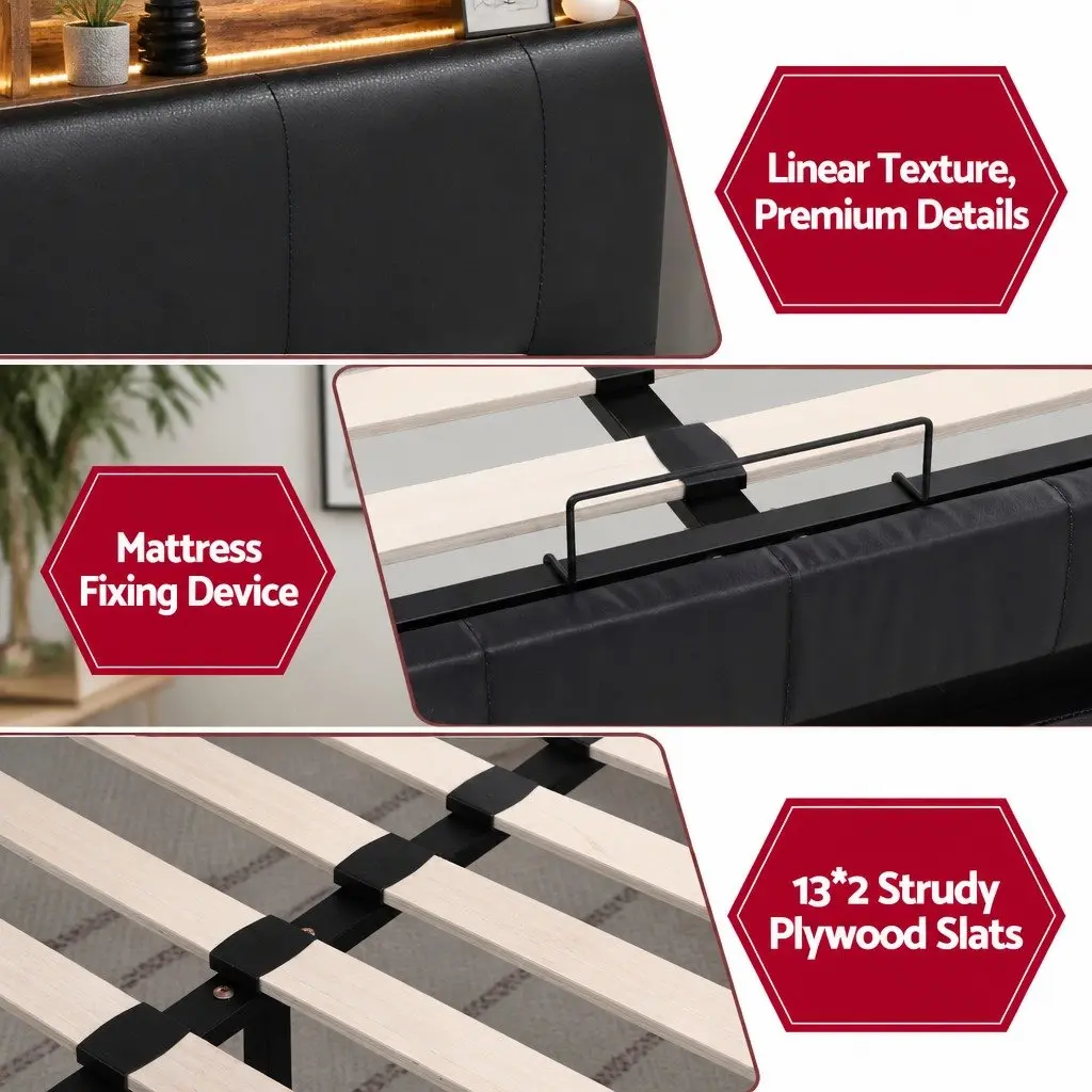 Queen Bed Frame Gas Lift Storage Charging Station LED Lights Black