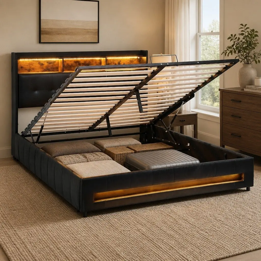 Queen Bed Frame Gas Lift Storage Charging Station LED Lights Black