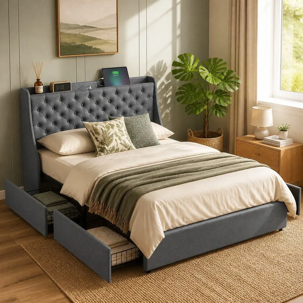 Double Bed Frame with Storage and Charging Convenience