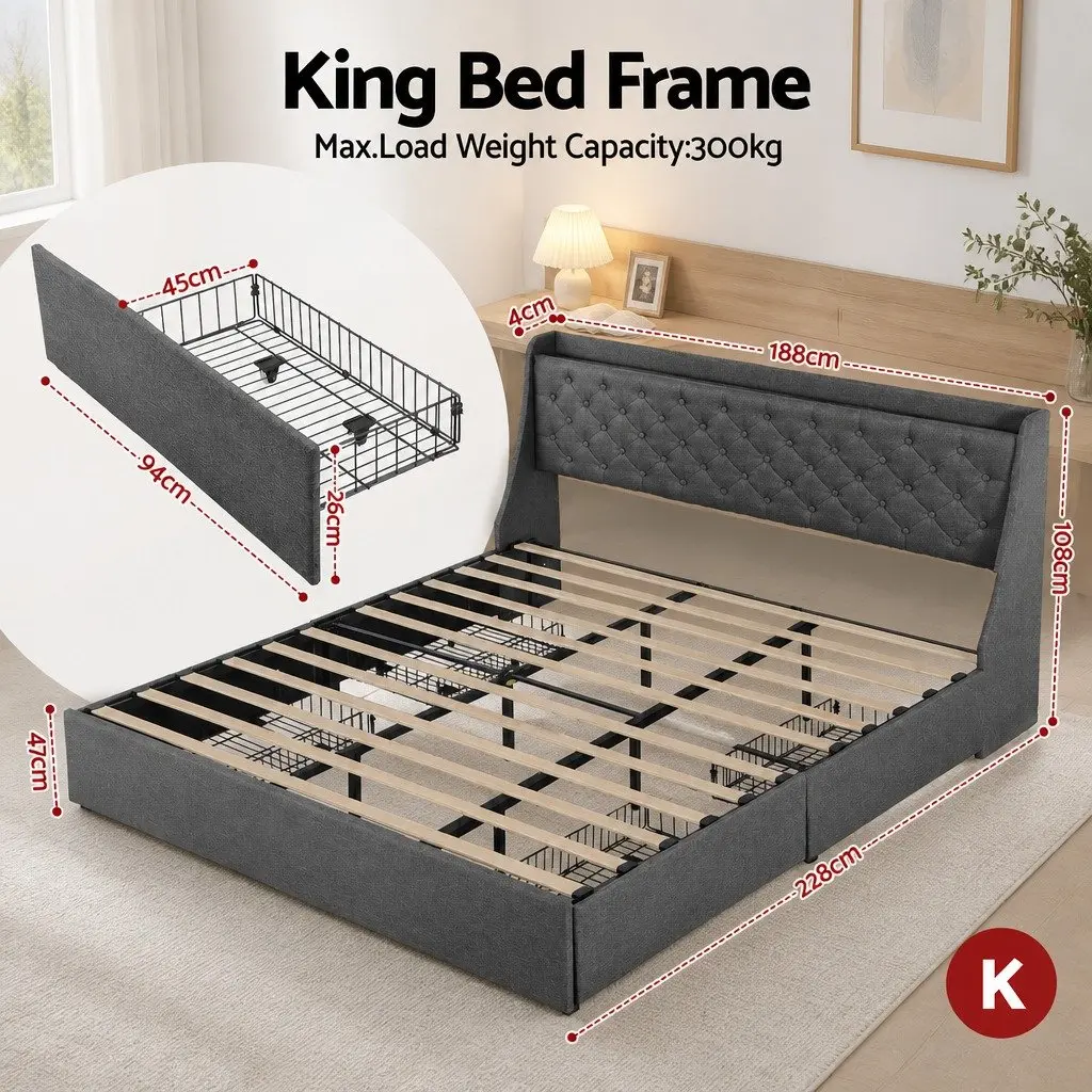 King Bed Frame with Storage and Charging Hub