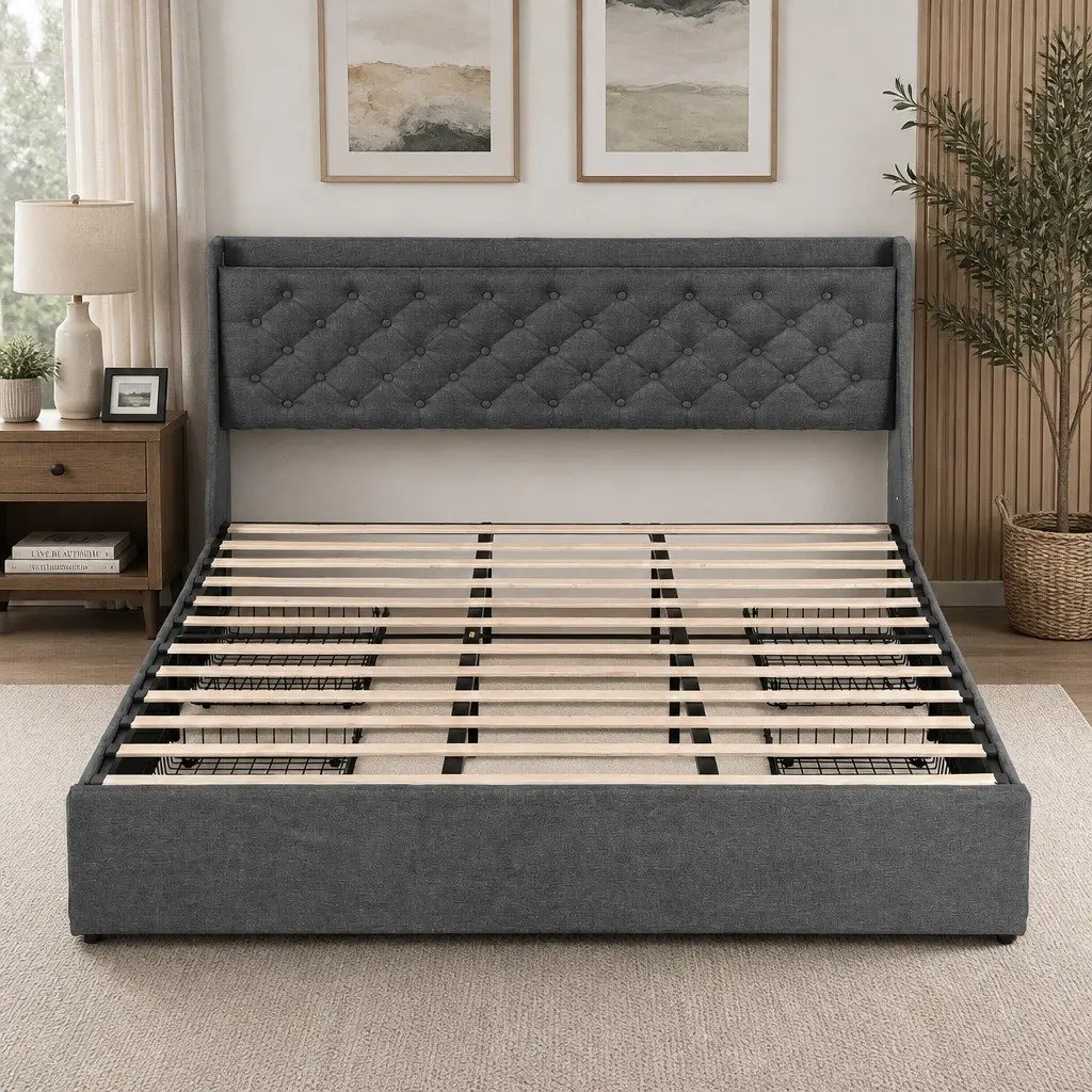 King Bed Frame with Storage and Charging Hub