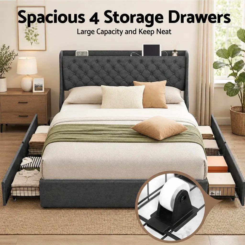 King Bed Frame with Storage and Charging Hub