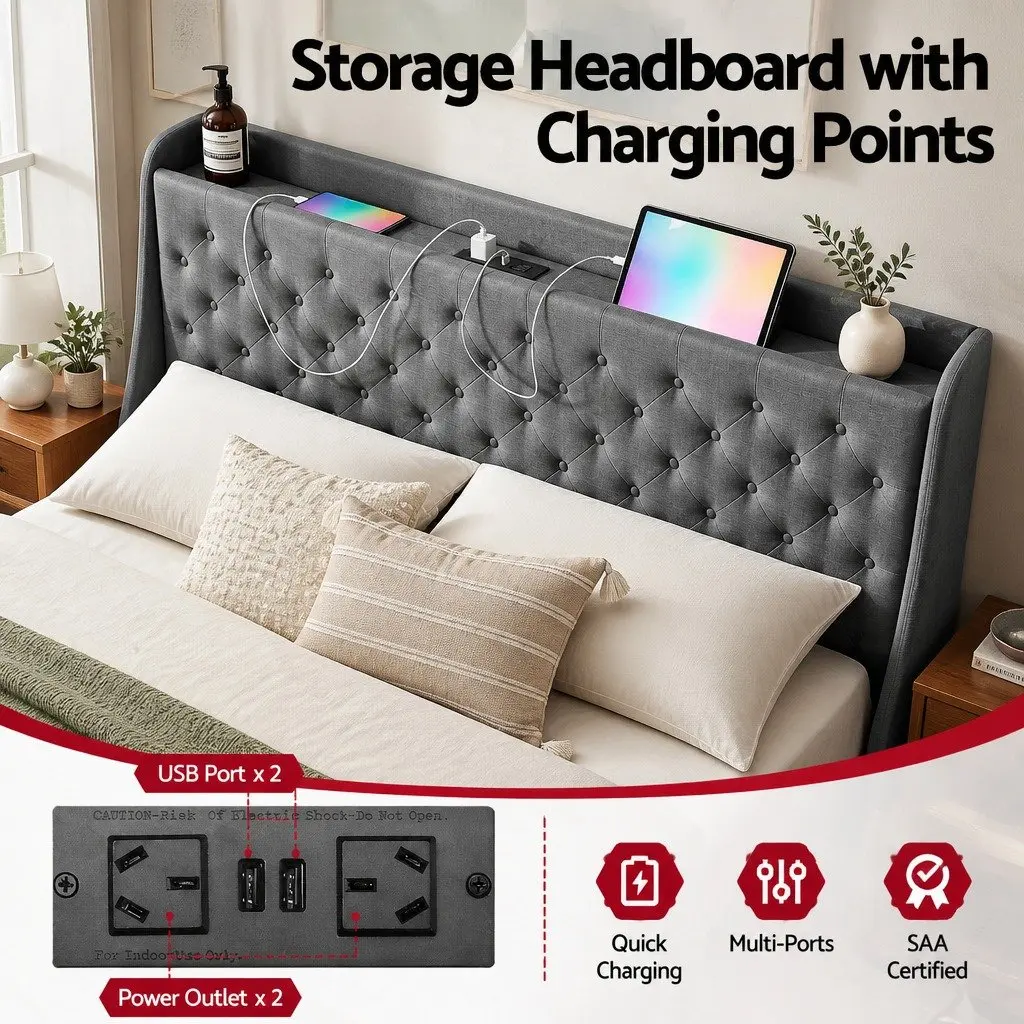 King Bed Frame with Storage and Charging Hub
