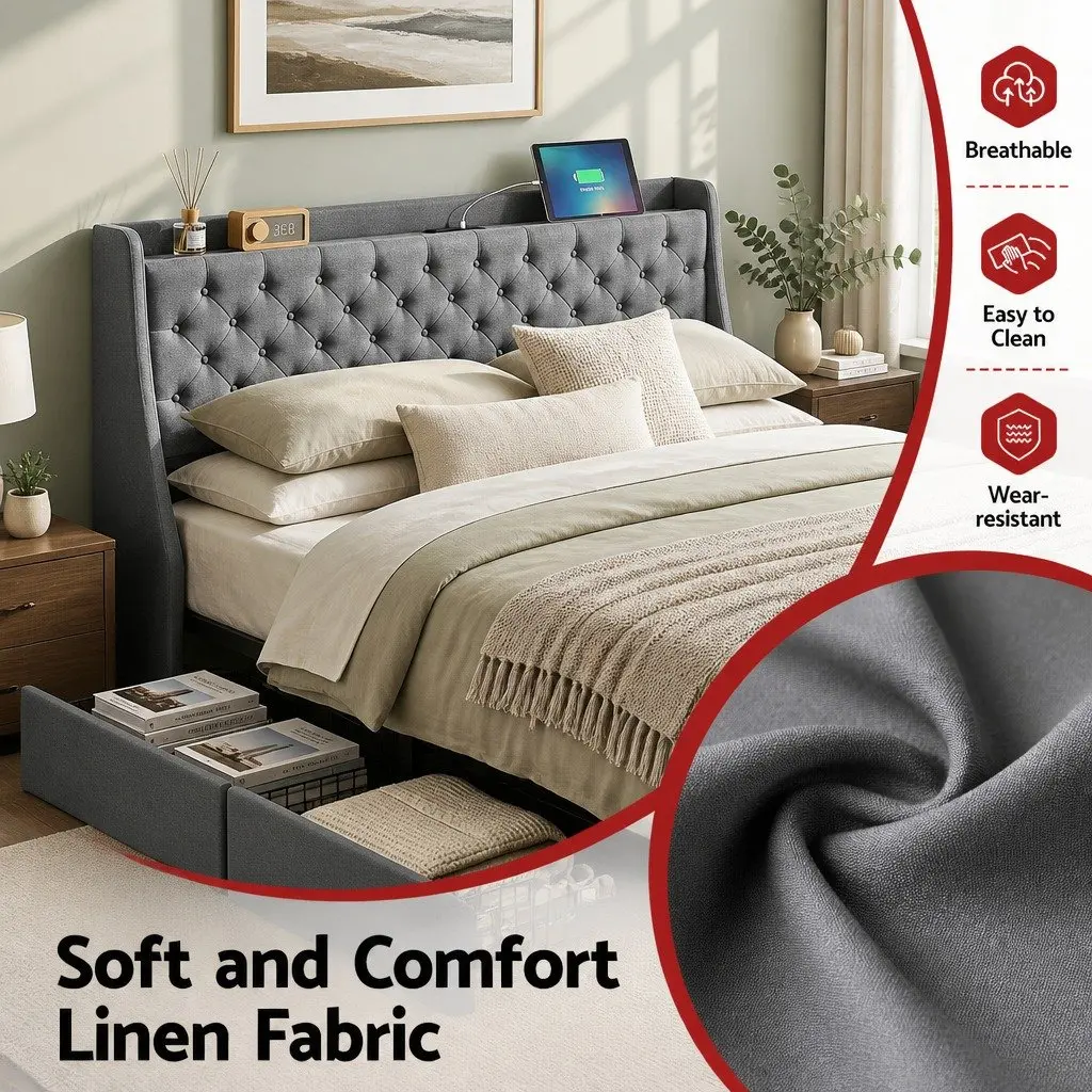 King Bed Frame with Storage and Charging Hub