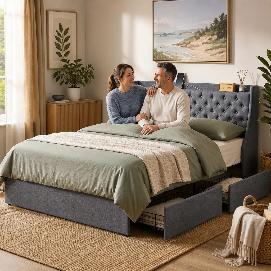 King Bed Frame with Storage and Charging Hub