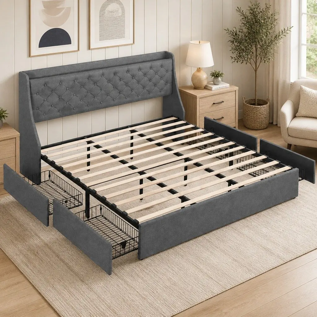 King Bed Frame with Storage and Charging Hub