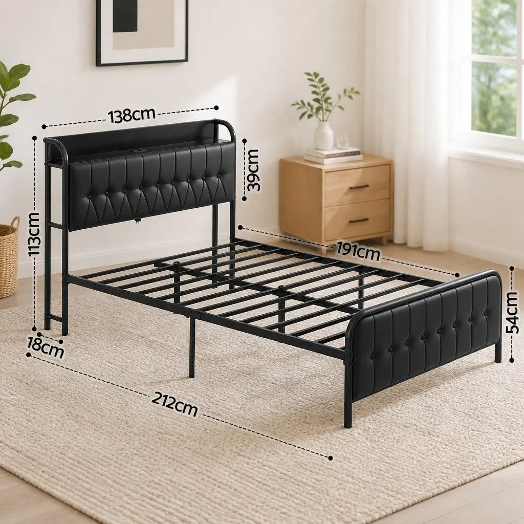 Double Bed Frame with Storage Headboard Charging Station Black Upholstered