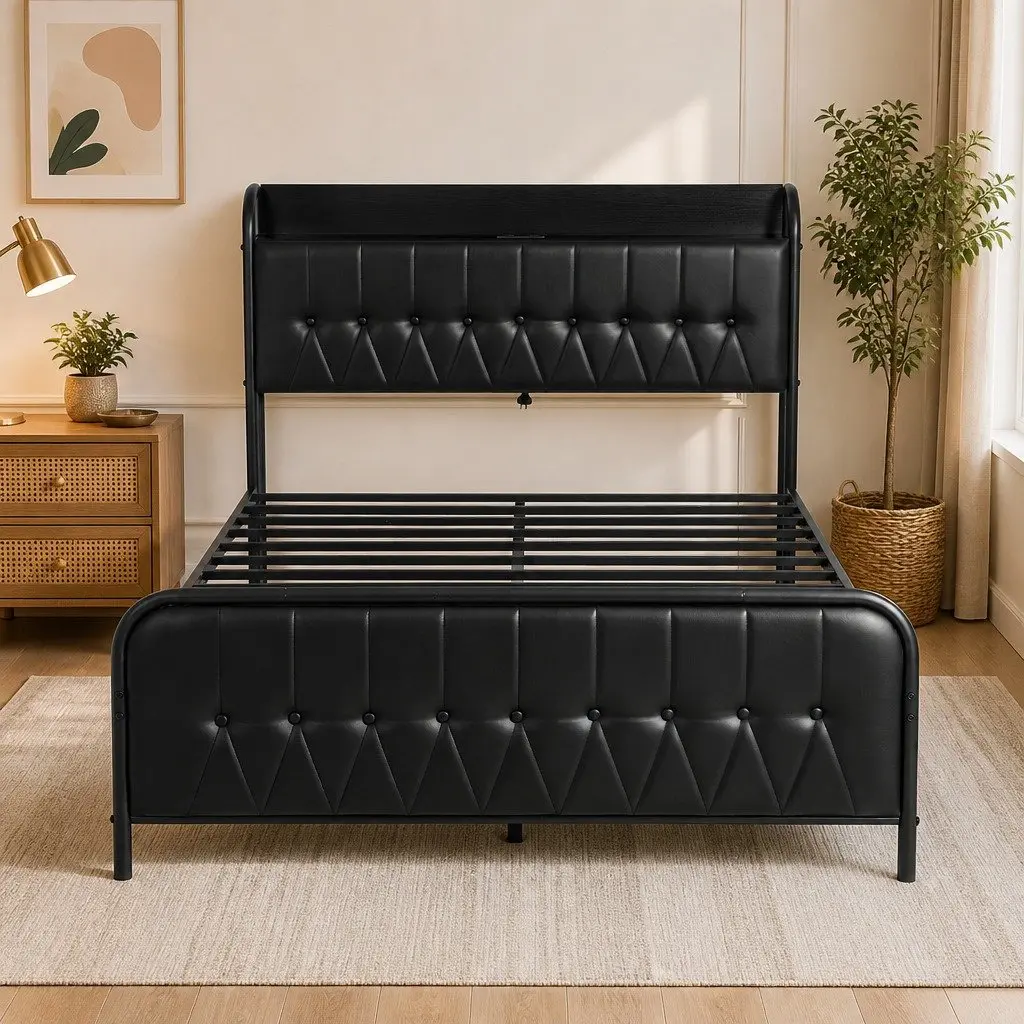 Double Bed Frame with Storage Headboard Charging Station Black Upholstered