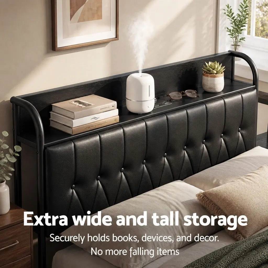 Double Bed Frame with Storage Headboard Charging Station Black Upholstered