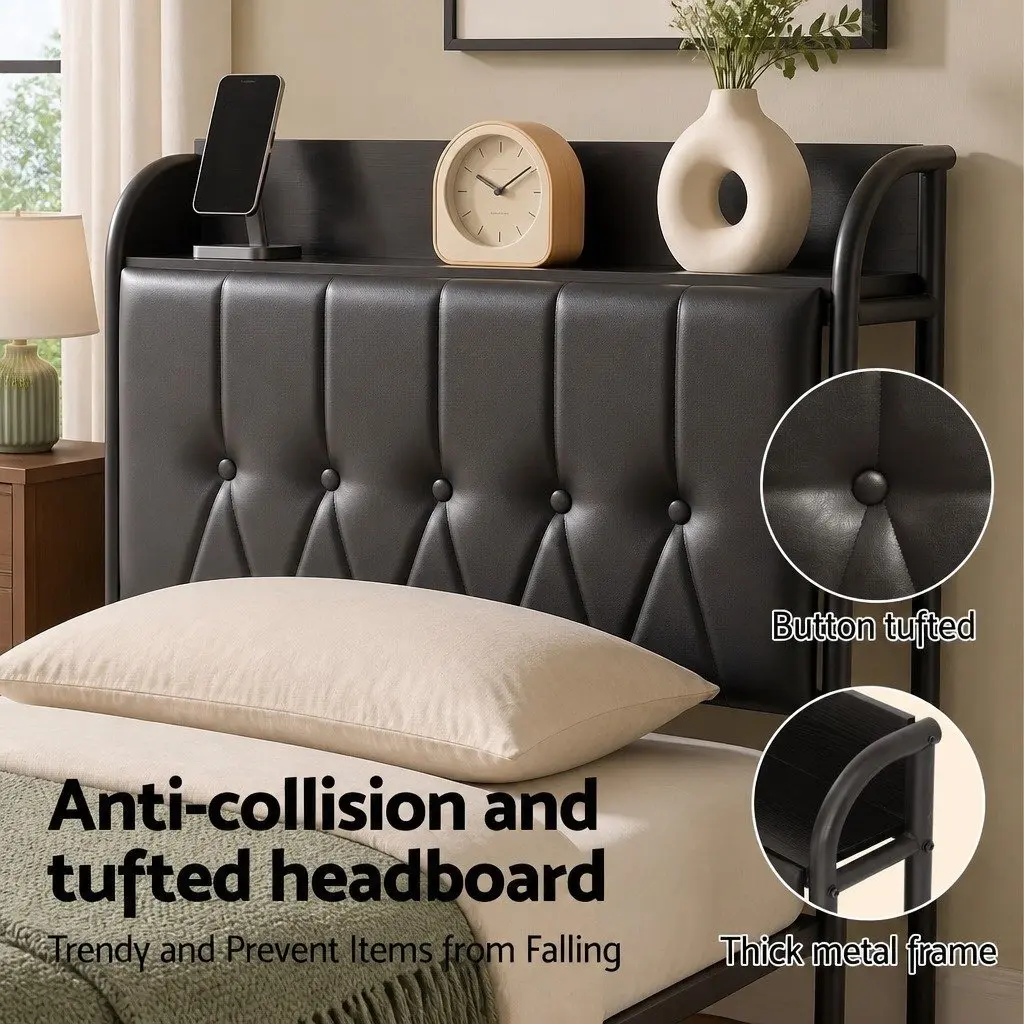 Double Bed Frame with Storage Headboard Charging Station Black Upholstered