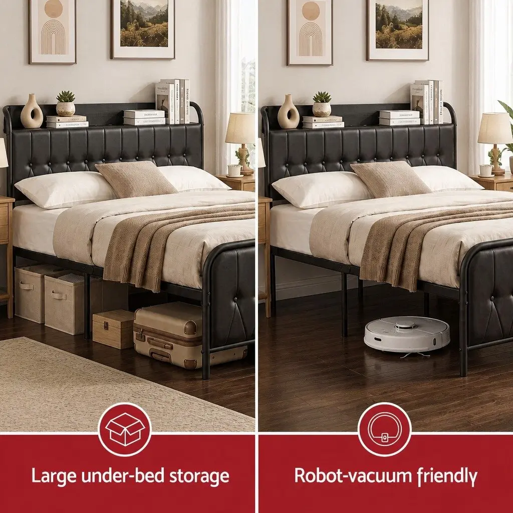Double Bed Frame with Storage Headboard Charging Station Black Upholstered
