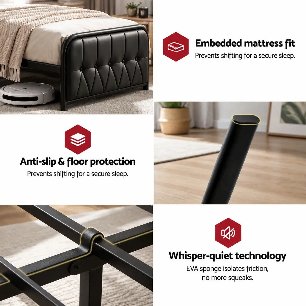 Double Bed Frame with Storage Headboard Charging Station Black Upholstered