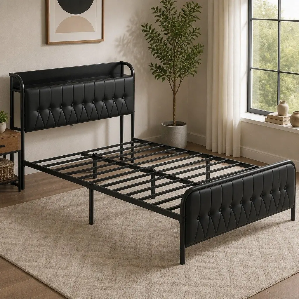 Double Bed Frame with Storage Headboard Charging Station Black Upholstered