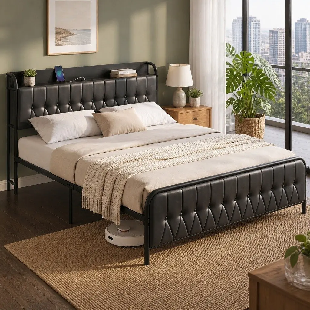 King Bed Frame with Charging Headboard