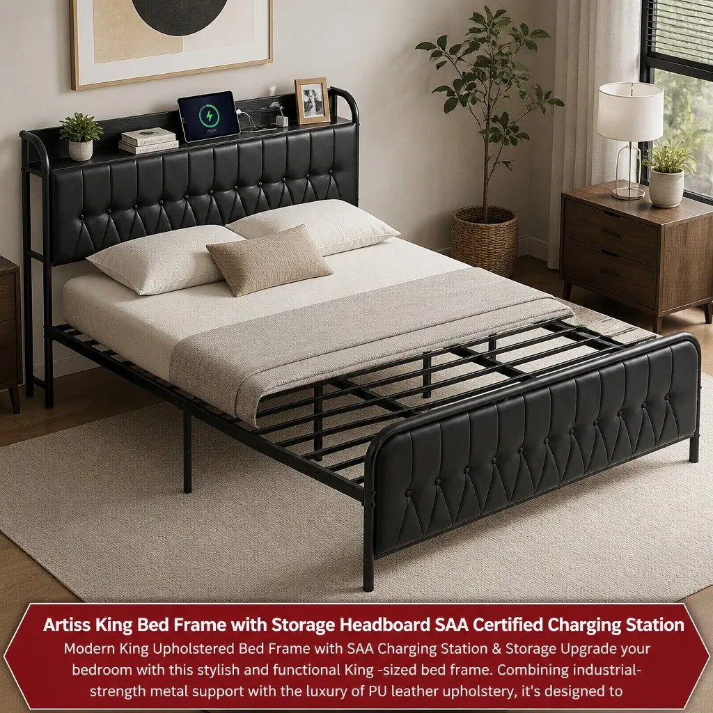 King Bed Frame with Charging Headboard