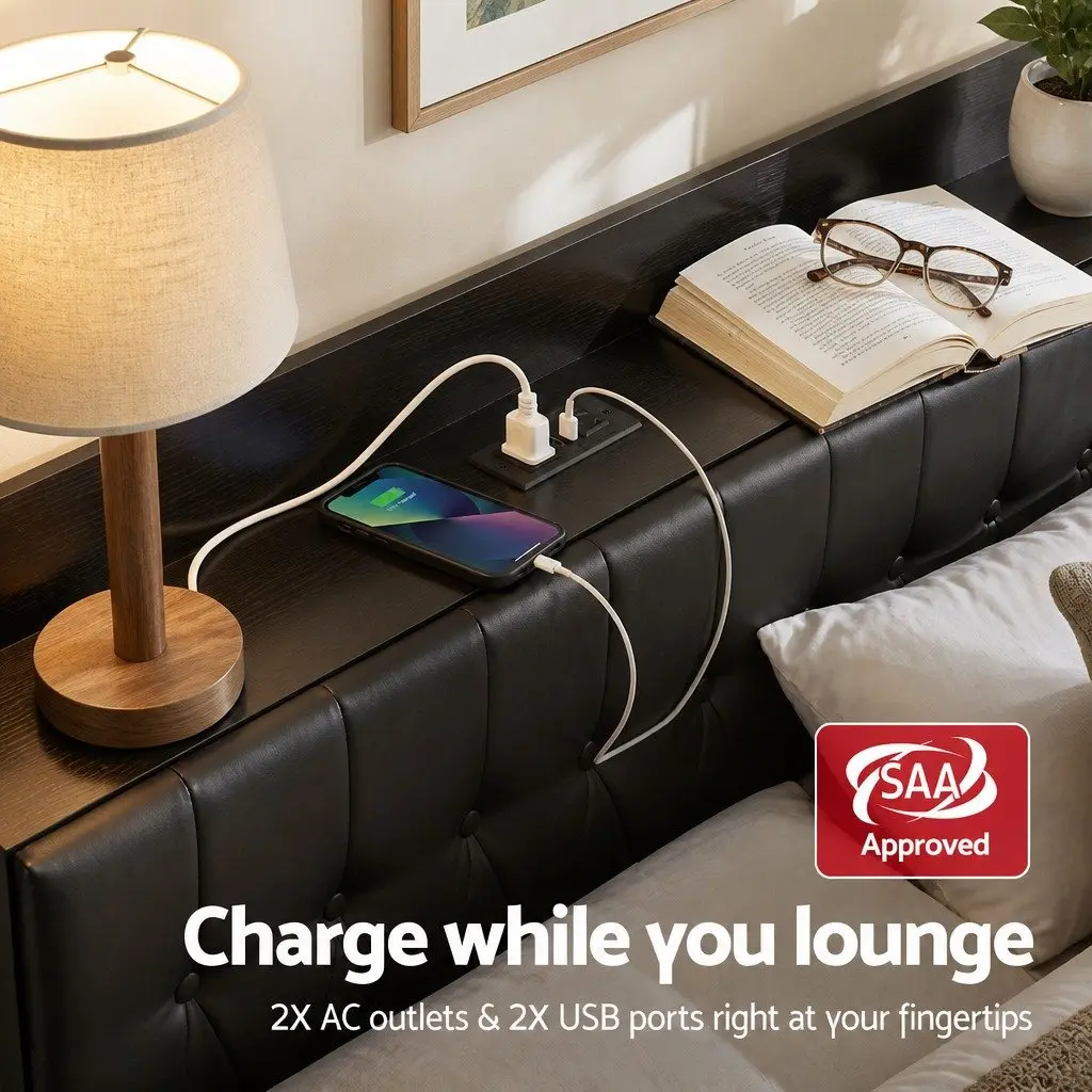 Queen Bed Frame with Storage Headboard Charging Station Black Upholstered