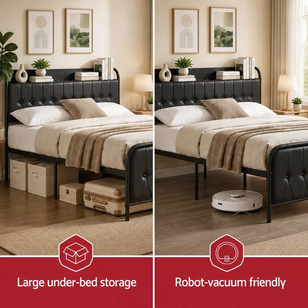Queen Bed Frame with Storage Headboard Charging Station Black Upholstered