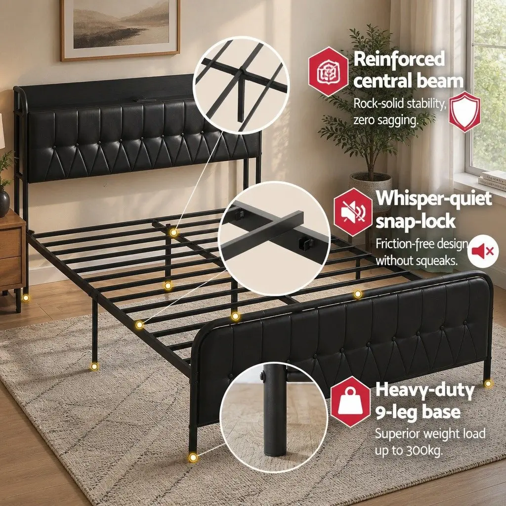 Queen Bed Frame with Storage Headboard Charging Station Black Upholstered