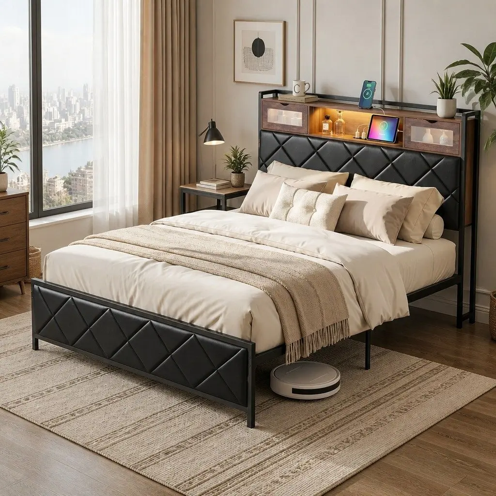 Double Bed Frame with Storage Headboard LED Lights USB Charging Station Black
