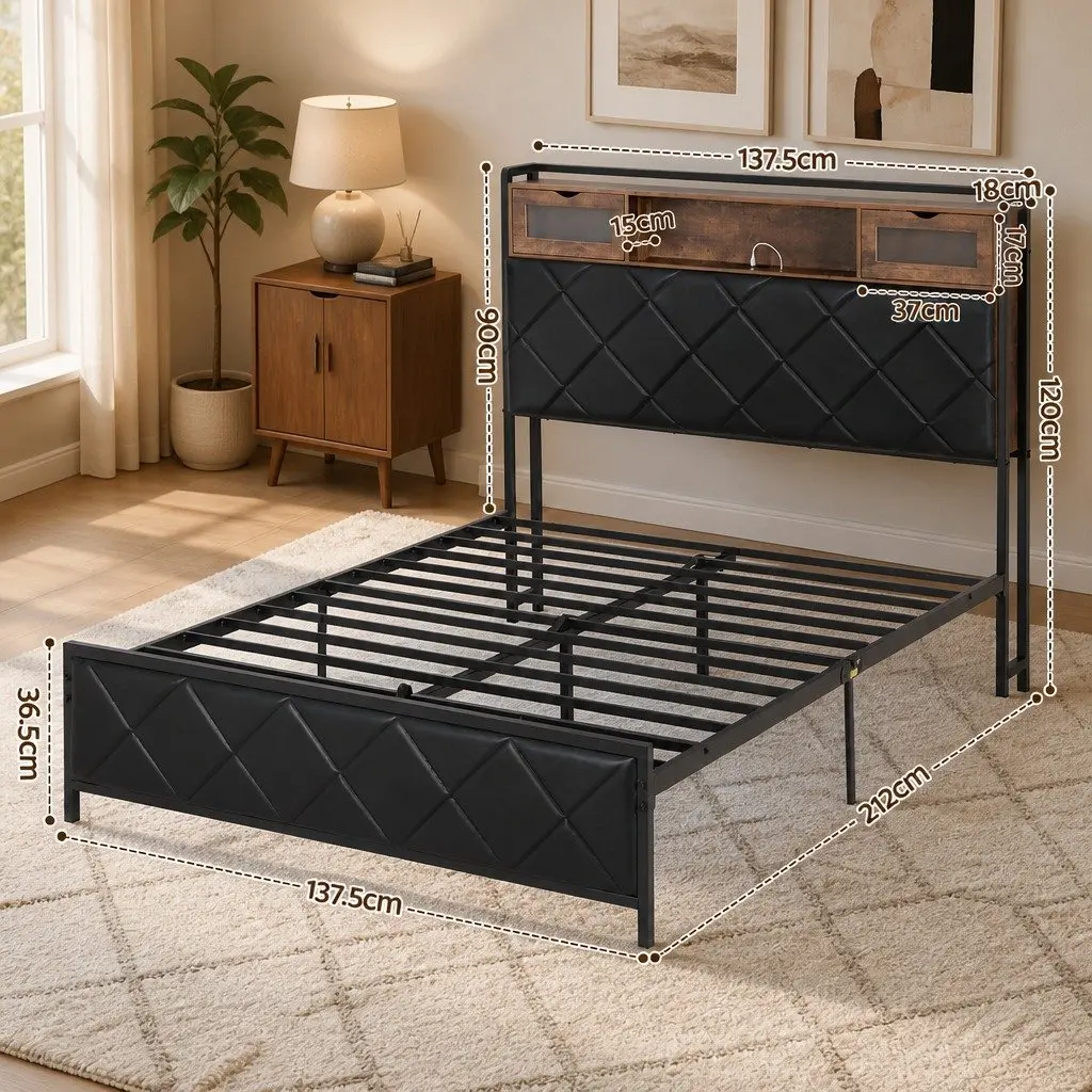 Double Bed Frame with Storage Headboard LED Lights USB Charging Station Black