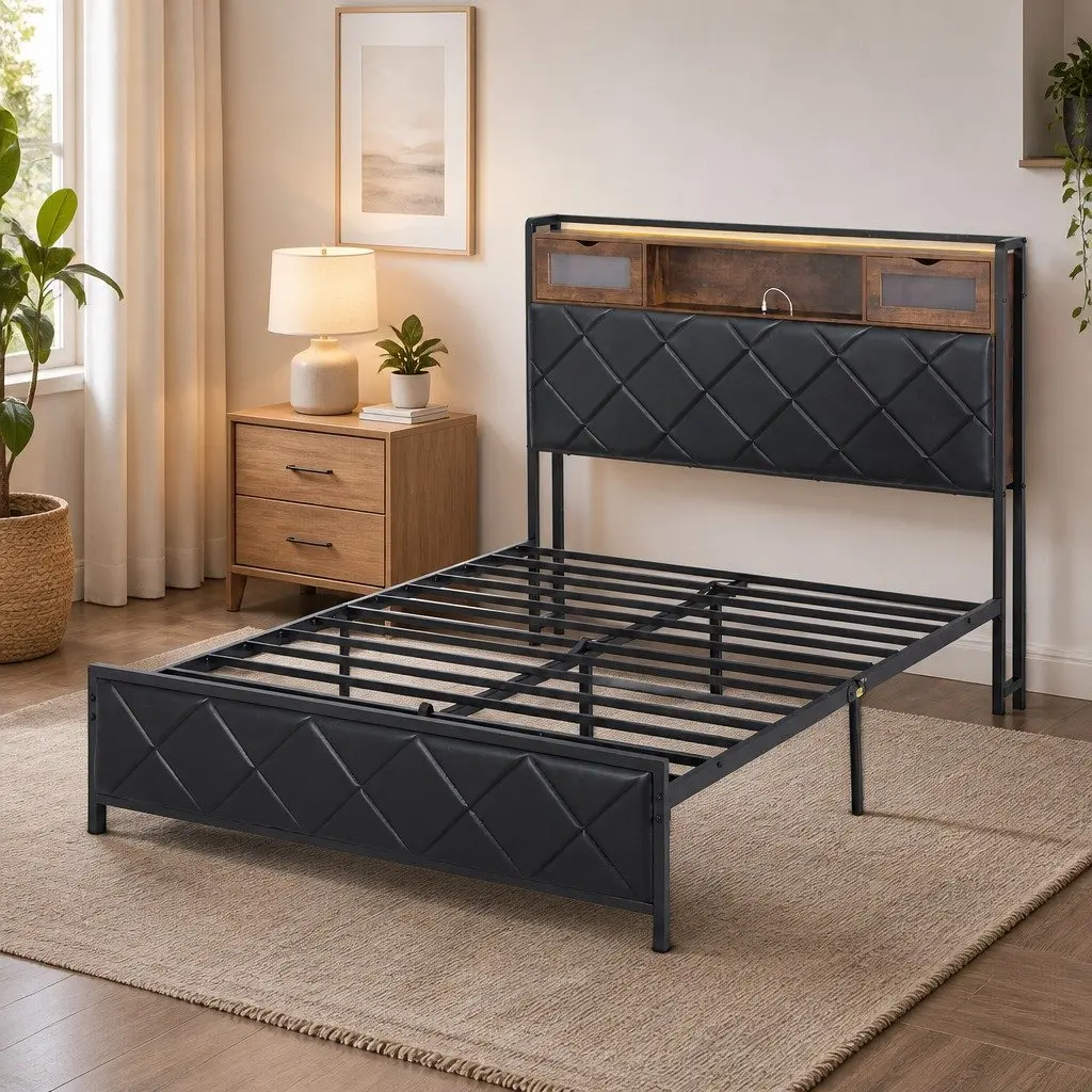 Double Bed Frame with Storage Headboard LED Lights USB Charging Station Black