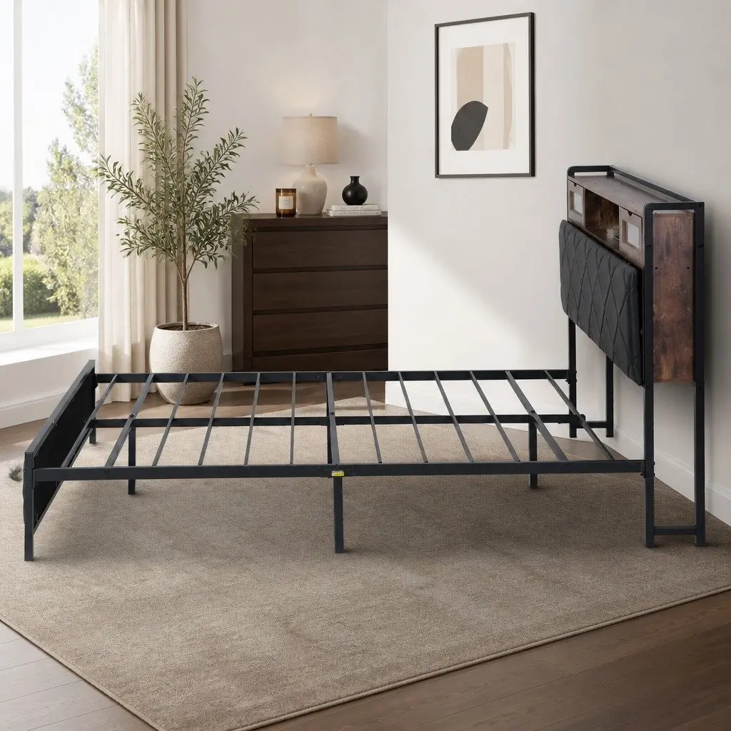 Double Bed Frame with Storage Headboard LED Lights USB Charging Station Black
