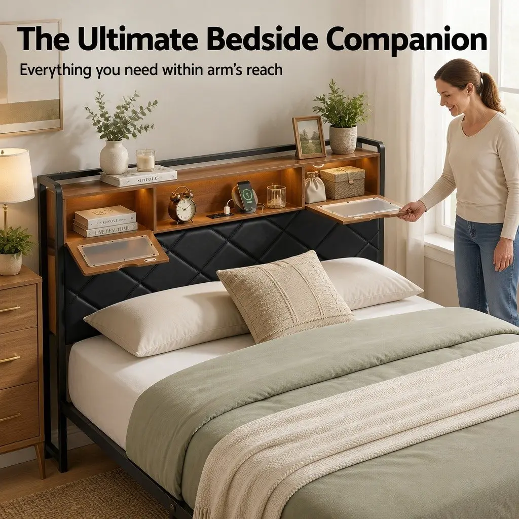 Double Bed Frame with Storage Headboard LED Lights USB Charging Station Black