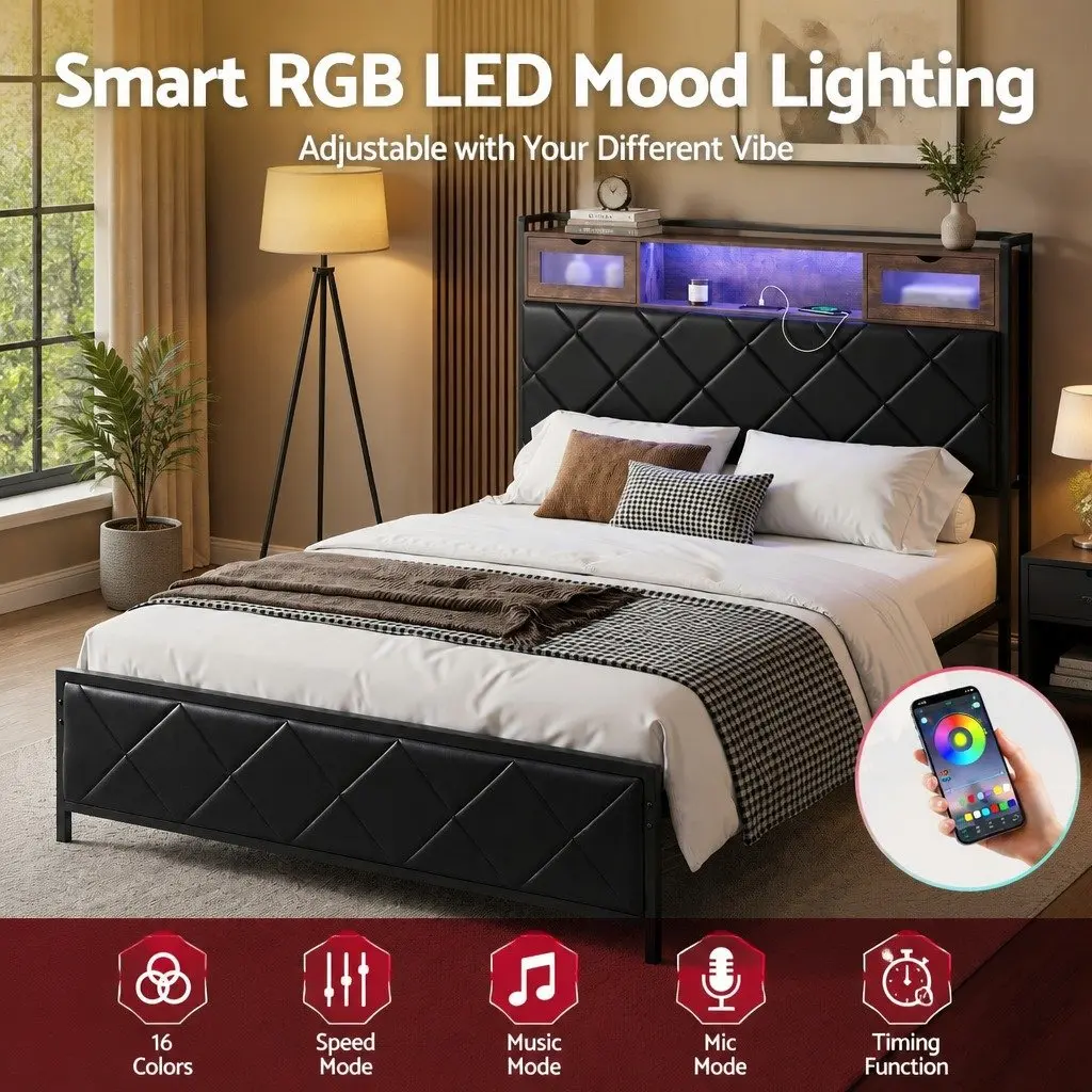 Double Bed Frame with Storage Headboard LED Lights USB Charging Station Black