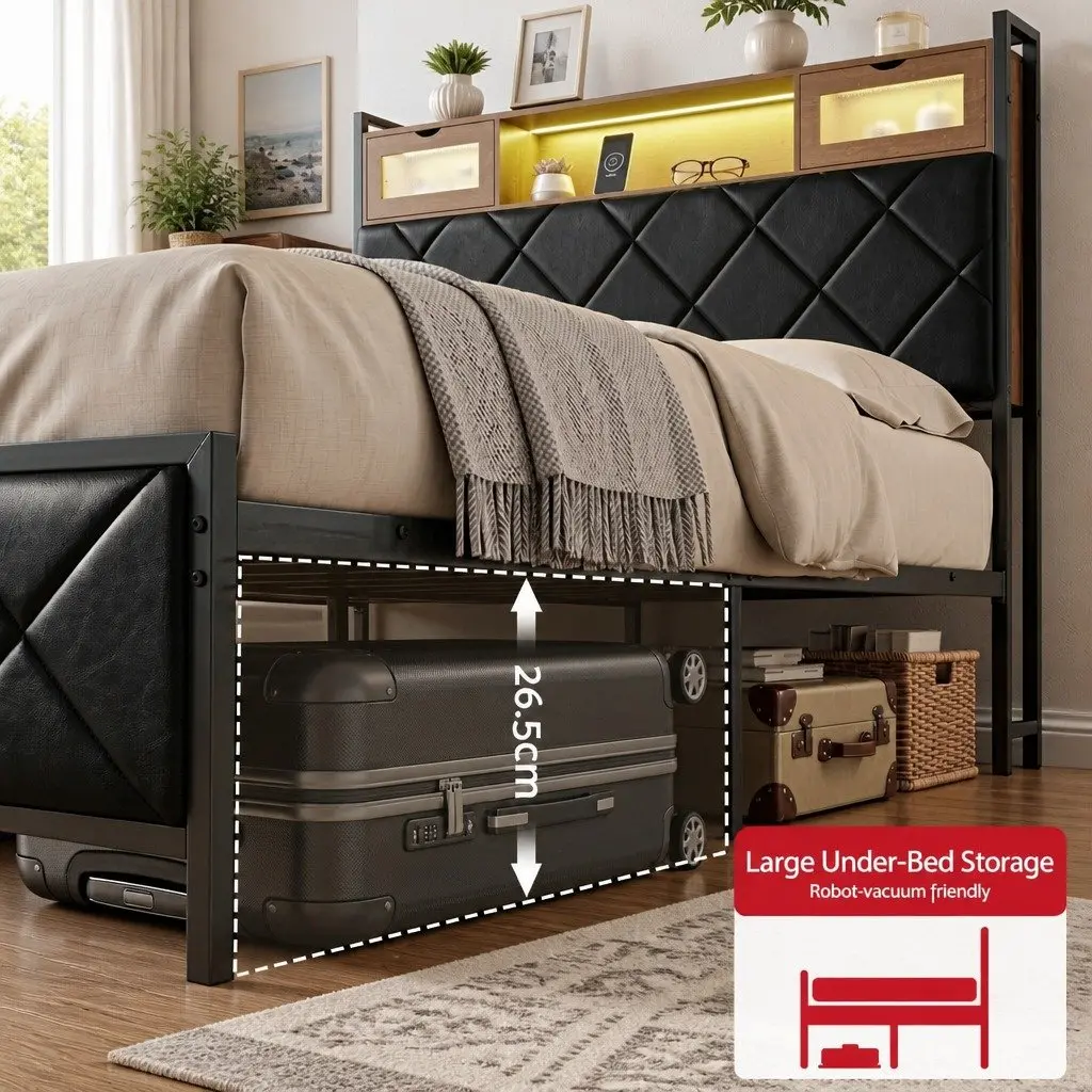 Double Bed Frame with Storage Headboard LED Lights USB Charging Station Black