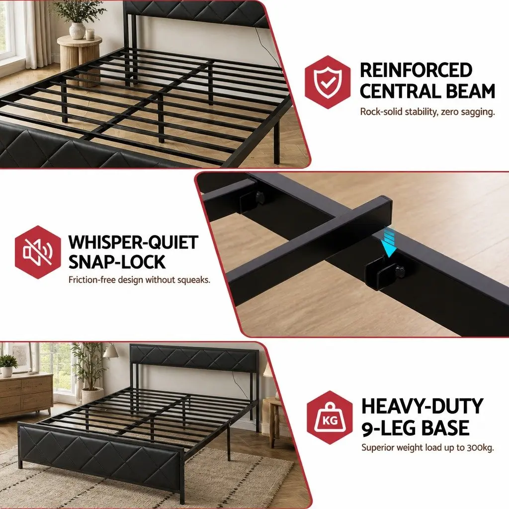 Double Bed Frame with Storage Headboard LED Lights USB Charging Station Black