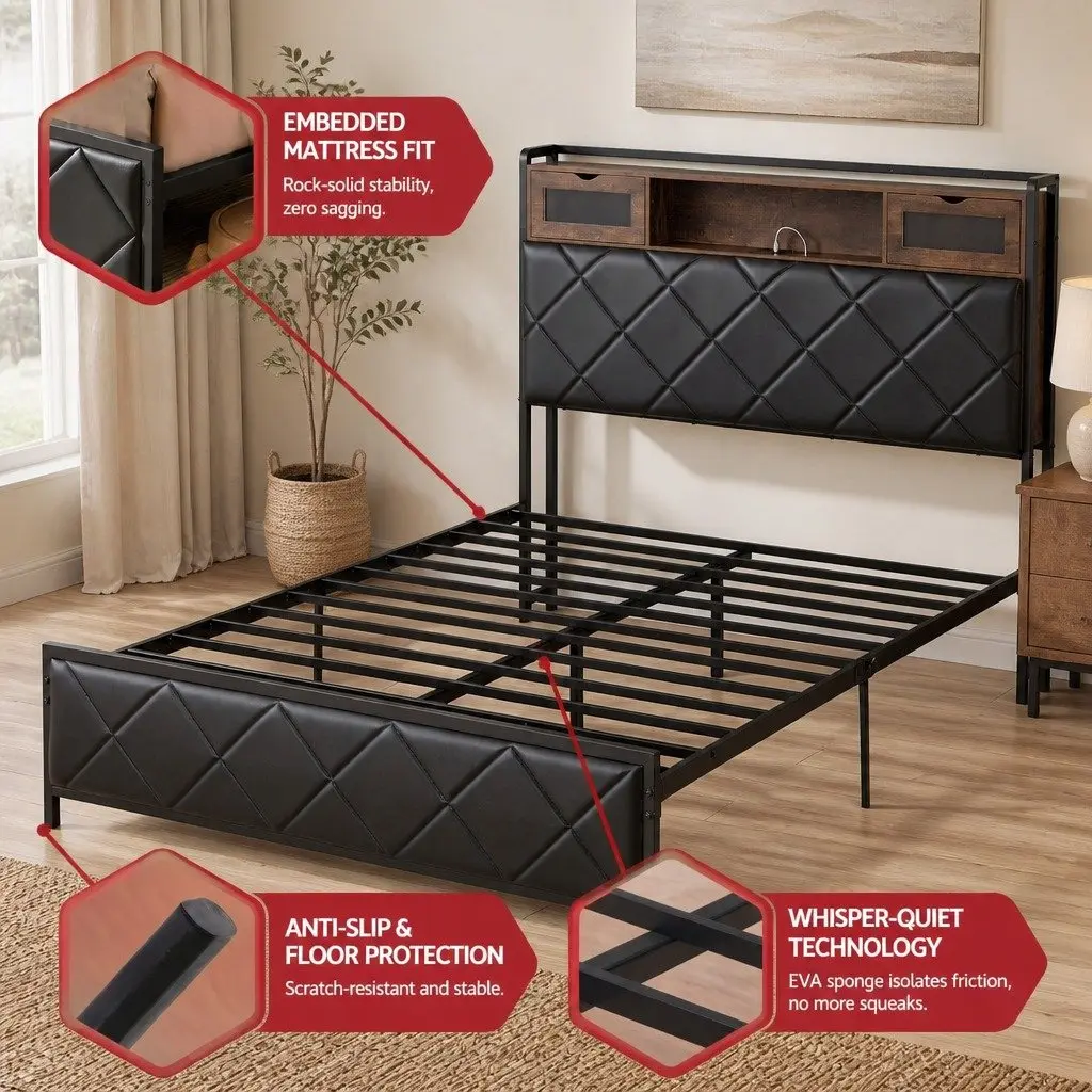 Double Bed Frame with Storage Headboard LED Lights USB Charging Station Black