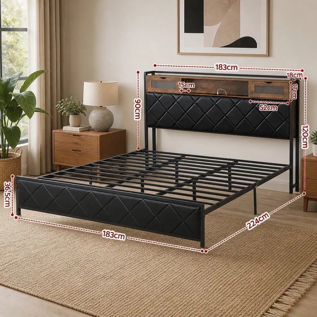 King Bed Frame LED Lights Storage Headboard Charging Station Black