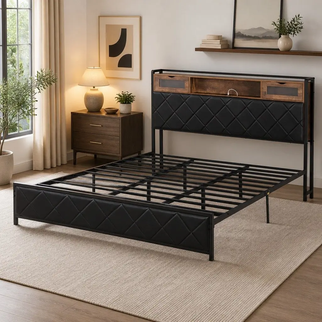 King Bed Frame LED Lights Storage Headboard Charging Station Black