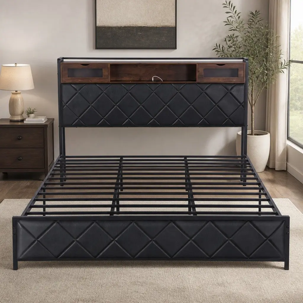 King Bed Frame LED Lights Storage Headboard Charging Station Black