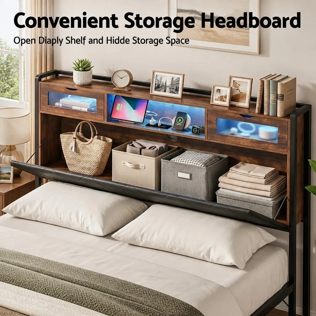 King Bed Frame LED Lights Storage Headboard Charging Station Black