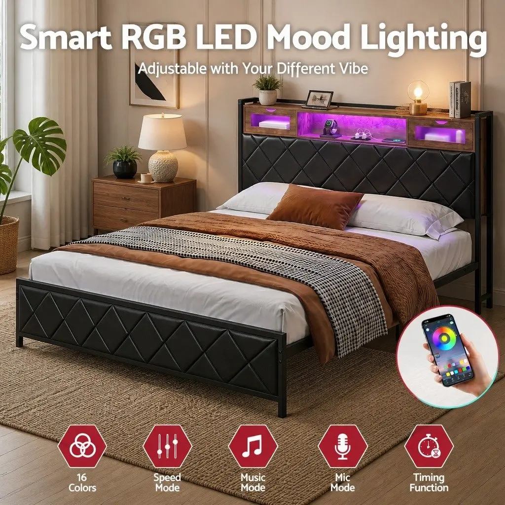 King Bed Frame LED Lights Storage Headboard Charging Station Black