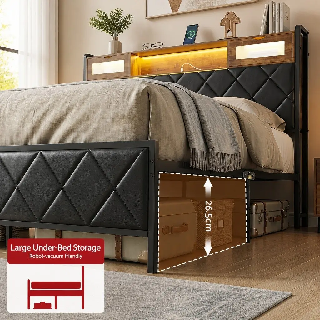 King Bed Frame LED Lights Storage Headboard Charging Station Black