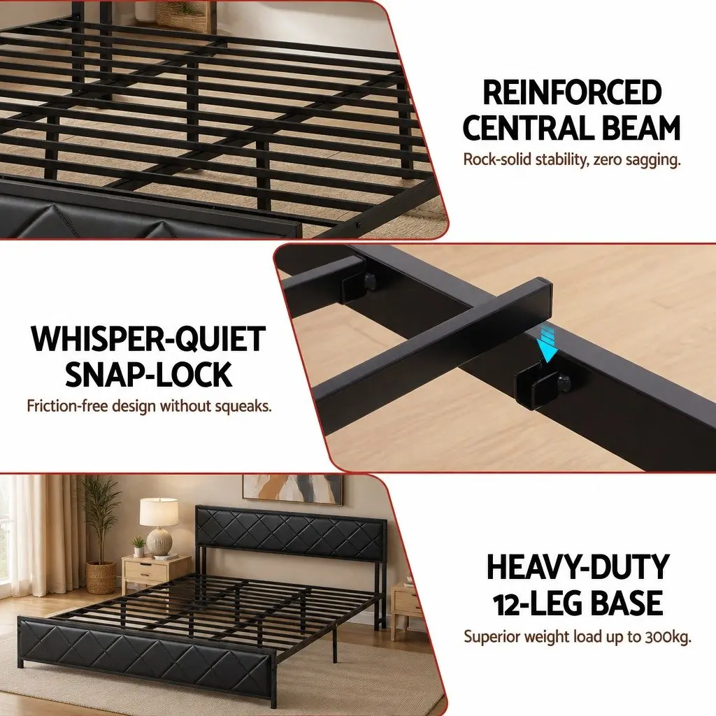 King Bed Frame LED Lights Storage Headboard Charging Station Black