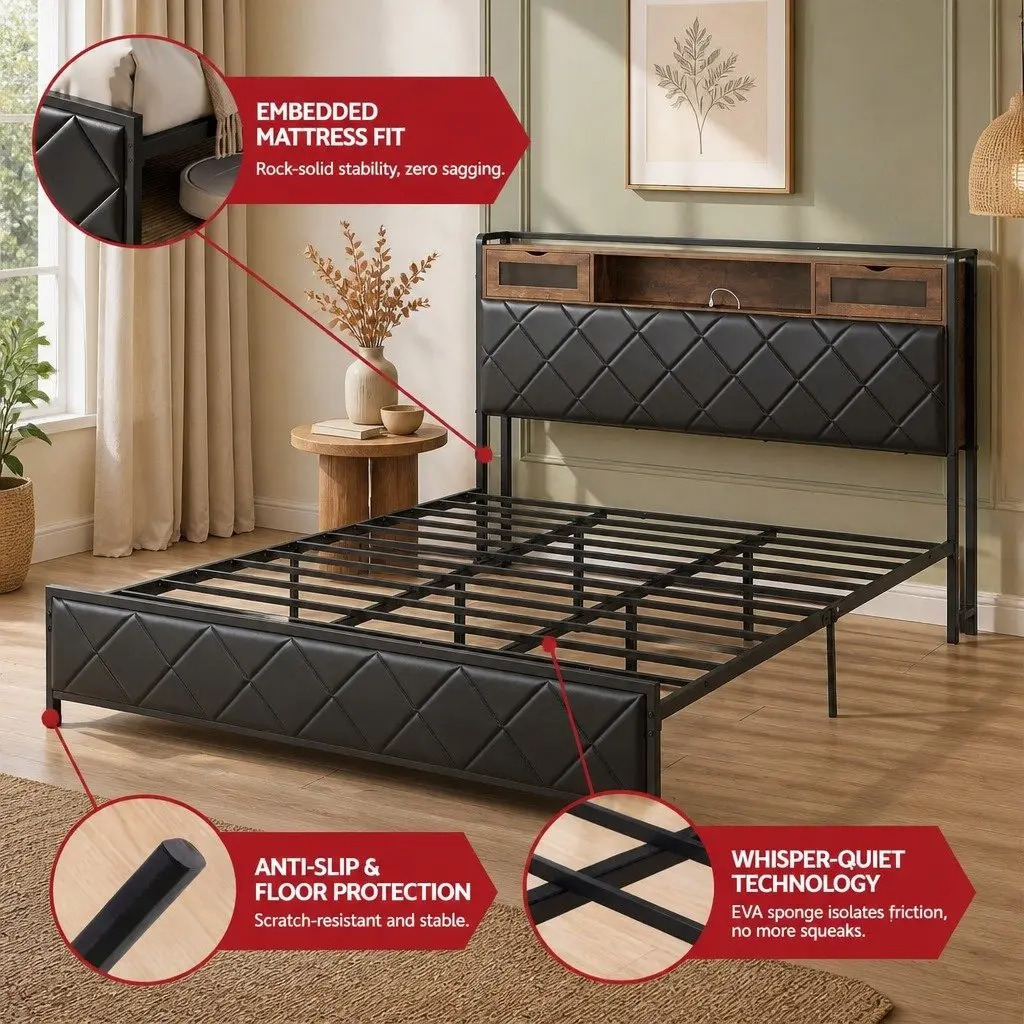 King Bed Frame LED Lights Storage Headboard Charging Station Black